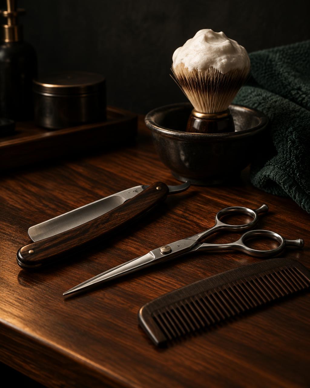 Straight razor, shears, comb and shaving brush arranged on a dark wood counter